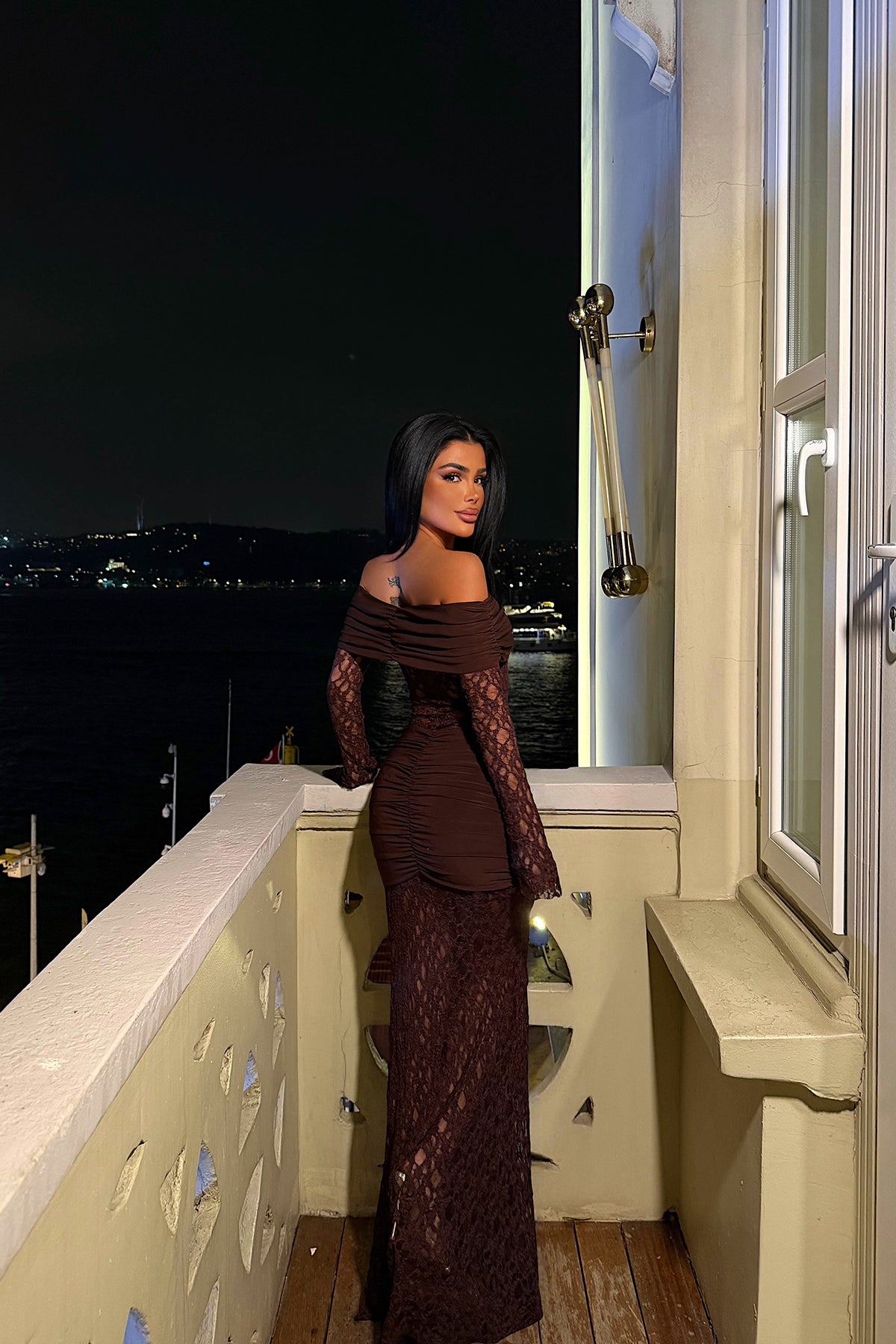 Kahverengi Ellodie Dantel Uzun Elbise ATE-4547