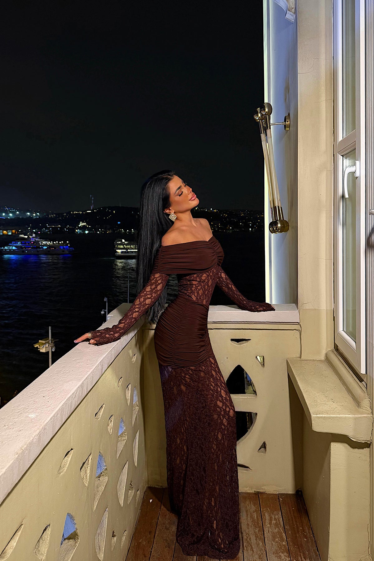 Kahverengi Ellodie Dantel Uzun Elbise ATE-4547
