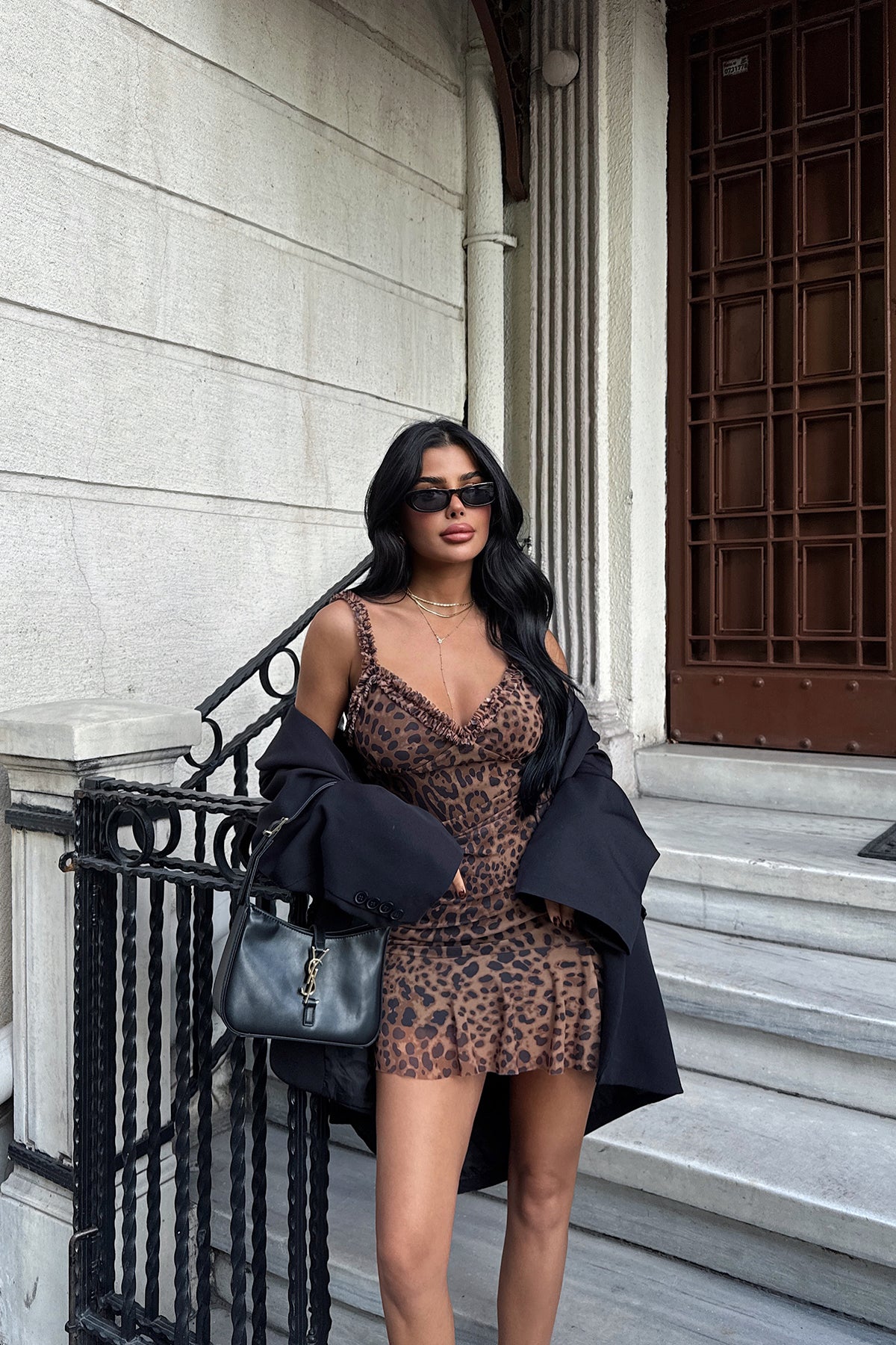 Kahverengi Zadie Leopar Desenli Mini Tül Elbise ATE-1750