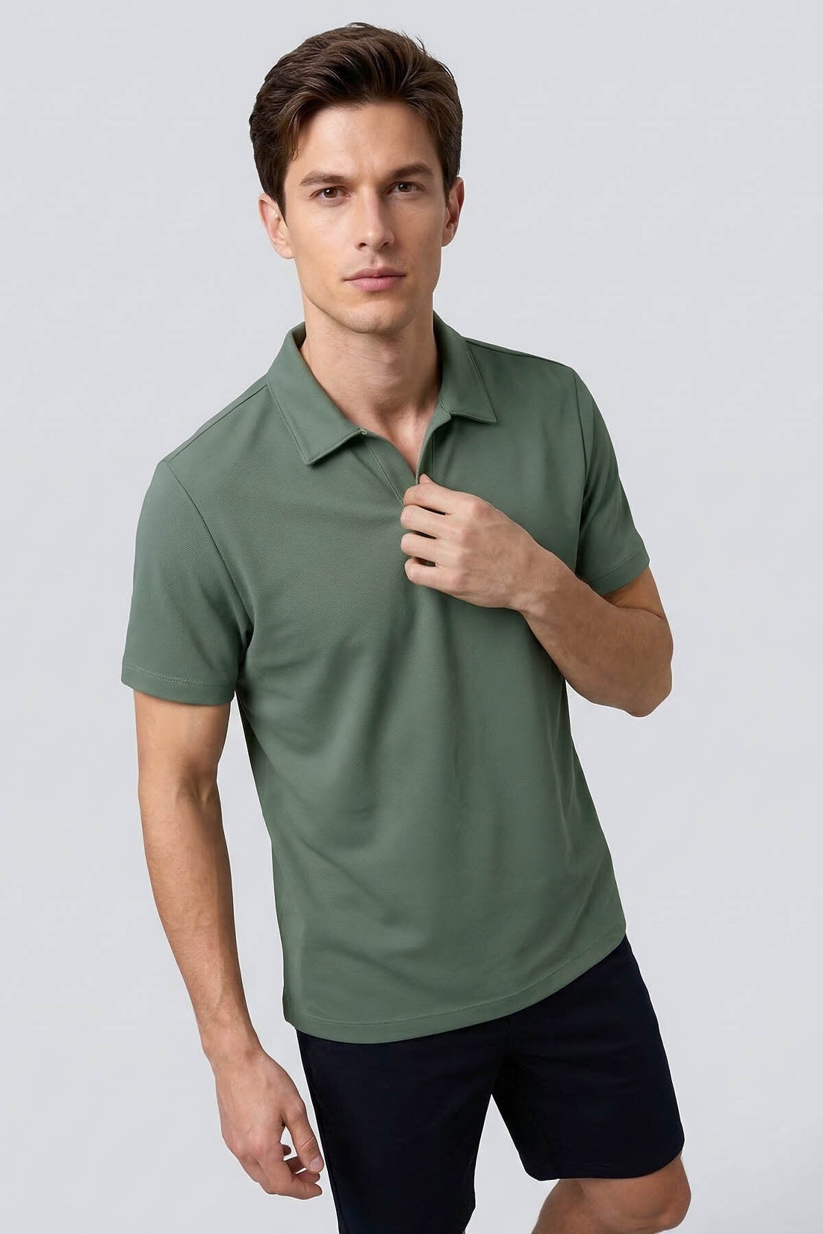 Açık Yeşil Rahat Form Yumuşak Dokulu Polo Yaka Erkek T-Shirt - 88496