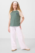 Açık Yeşil O Yaka  Pamuklu Baskılı Oversize Fit Kız Çocuk T-Shirt - 75179