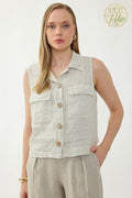 %100 Keten Kapak Cepli Düğmeli Gömlek