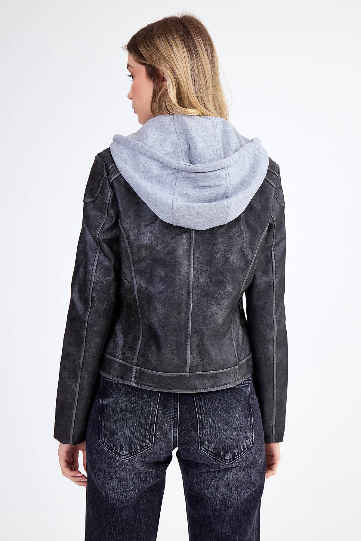 Kapüşonlu Suni Deri Crop Biker Ceket