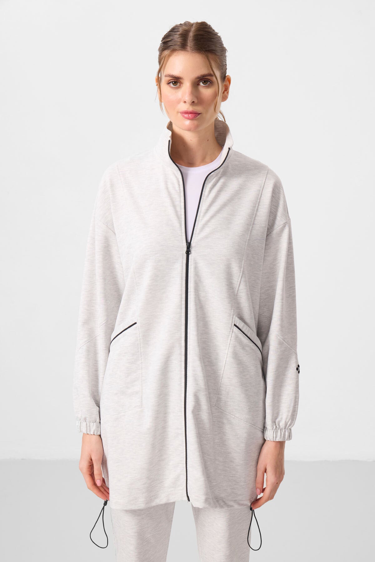 Kar Melanj Dik Yaka Fermuarlı Rahat Form Kadın Eşofman Tunik Takım - 95345