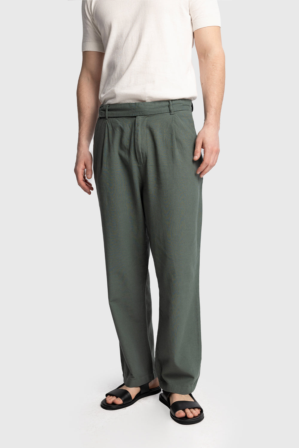 KEMER DETAYLI KETEN PANTOLON - YEŞİL S