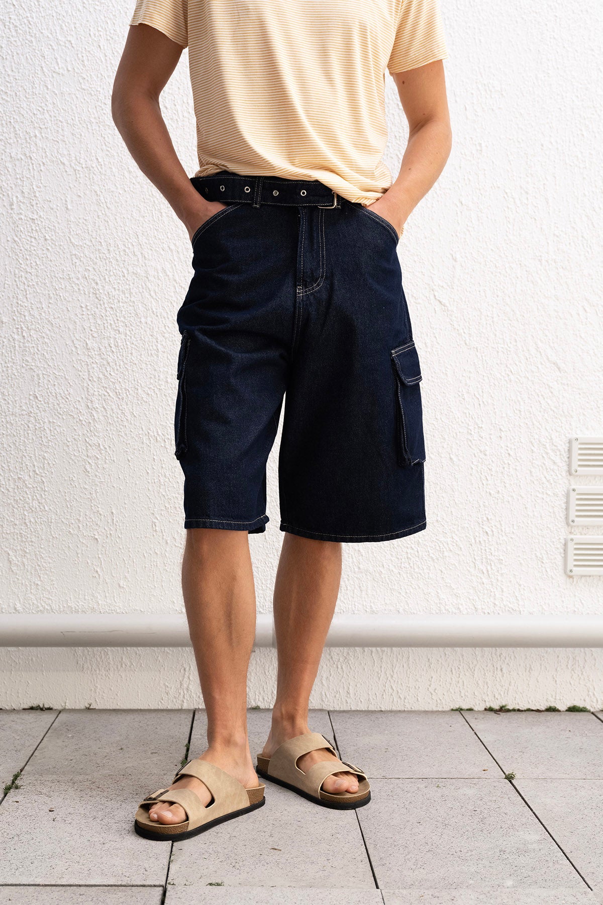 KEMERLİ KARGO JEAN LACİVERT ŞORT