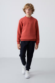 Kiremit-Lacivert Pamuklu Kalın İçi Tüylü Standart Fit Nakışlı Erkek Çocuk Eşofman Takım - 11249