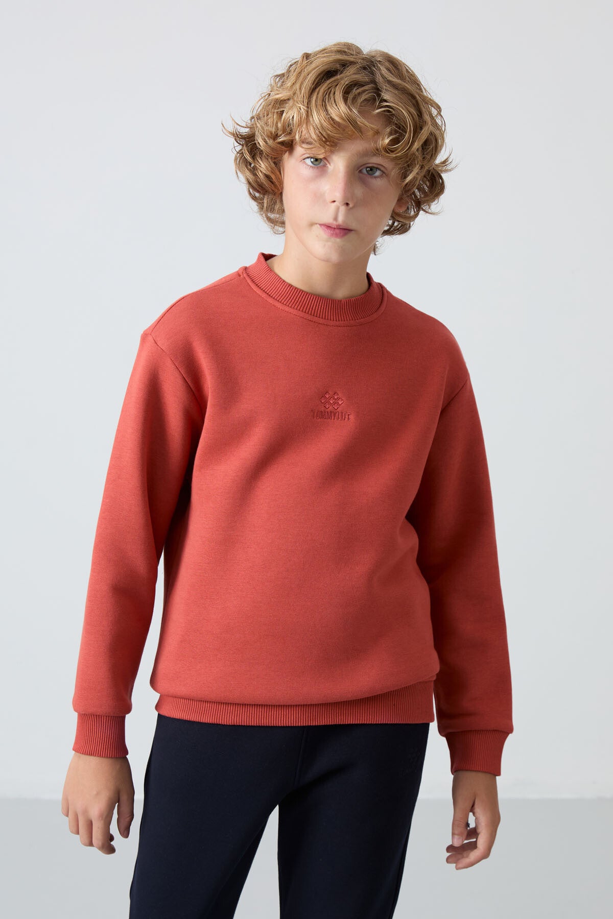 Kiremit-Lacivert Pamuklu Kalın İçi Tüylü Standart Fit Nakışlı Erkek Çocuk Eşofman Takım - 11249