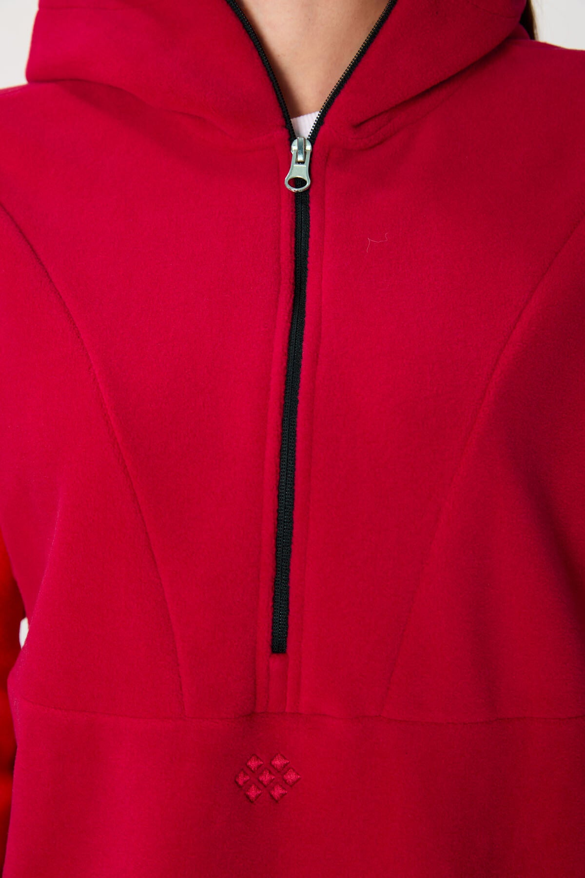 Kırmızı Kalın Yumuşak Dokulu Kapüşonlu Oversize Nakışlı Polar Kadın Sweatshirt -97286