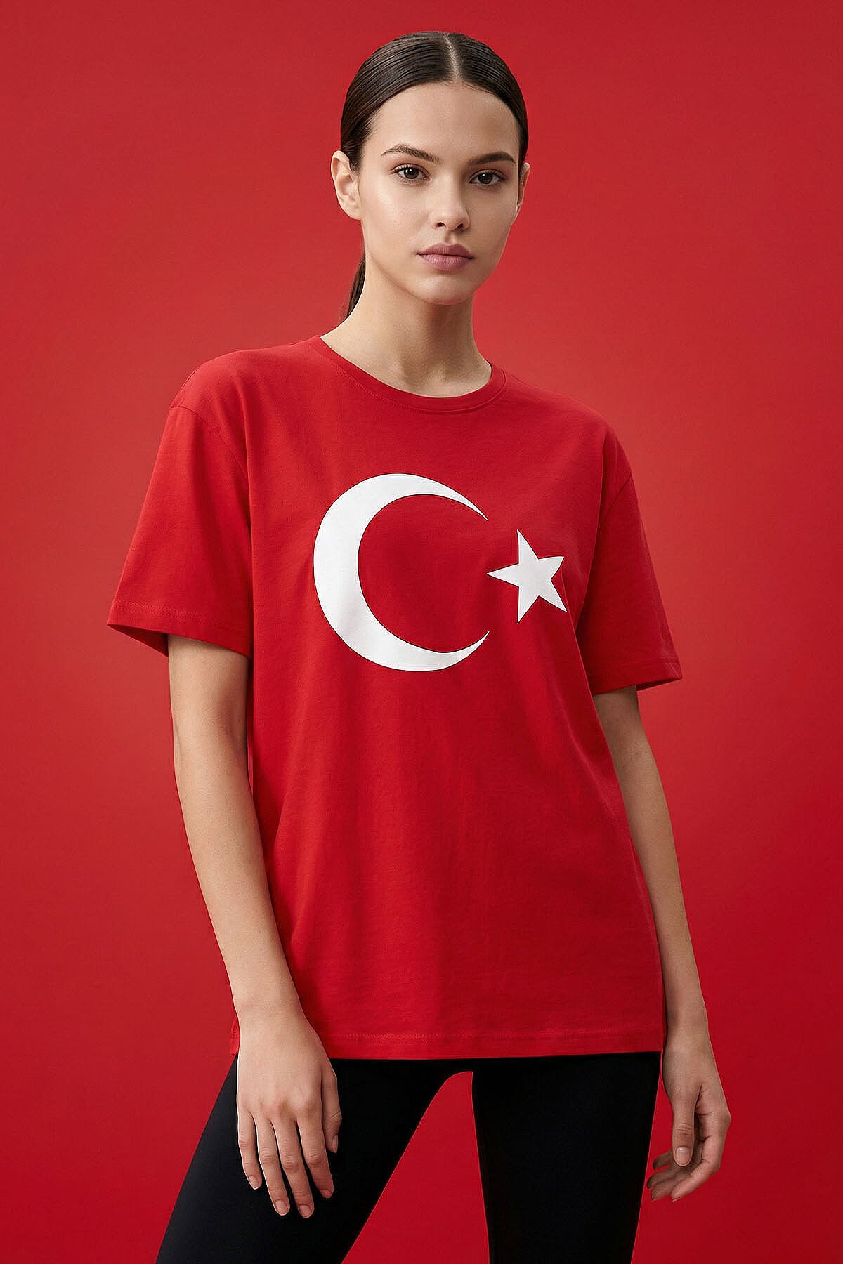 Kırmızı Ay Yıldız Baskılı Unisex T-Shirt - 88509