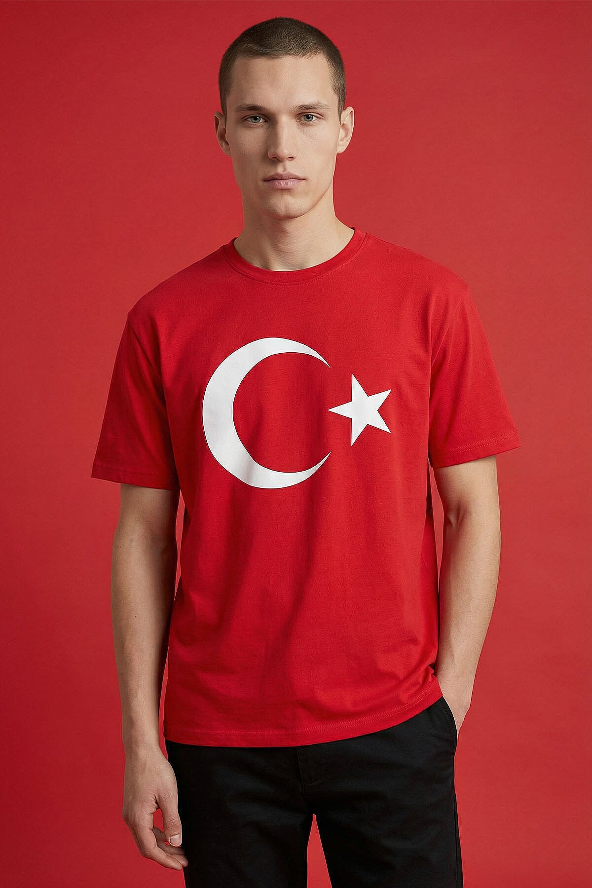 Kırmızı Ay Yıldız Baskılı Unisex T-Shirt - 88509