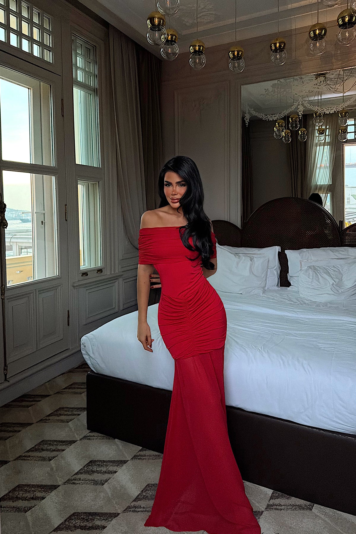 Kırmızı Shannon uzun elbise ATE-4131