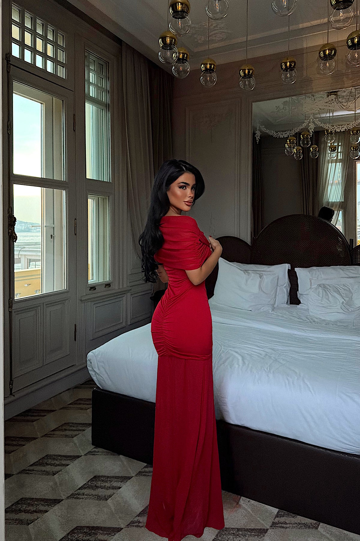 Kırmızı Shannon uzun elbise ATE-4131