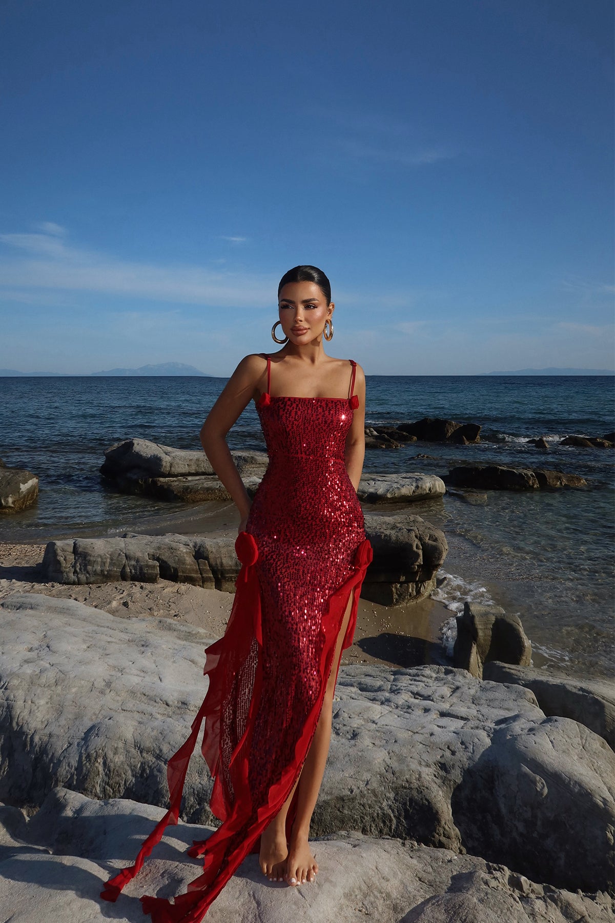 Kırmızı Paxton Payetli Uzun Yırtmaçlı Elbise ATE-2612