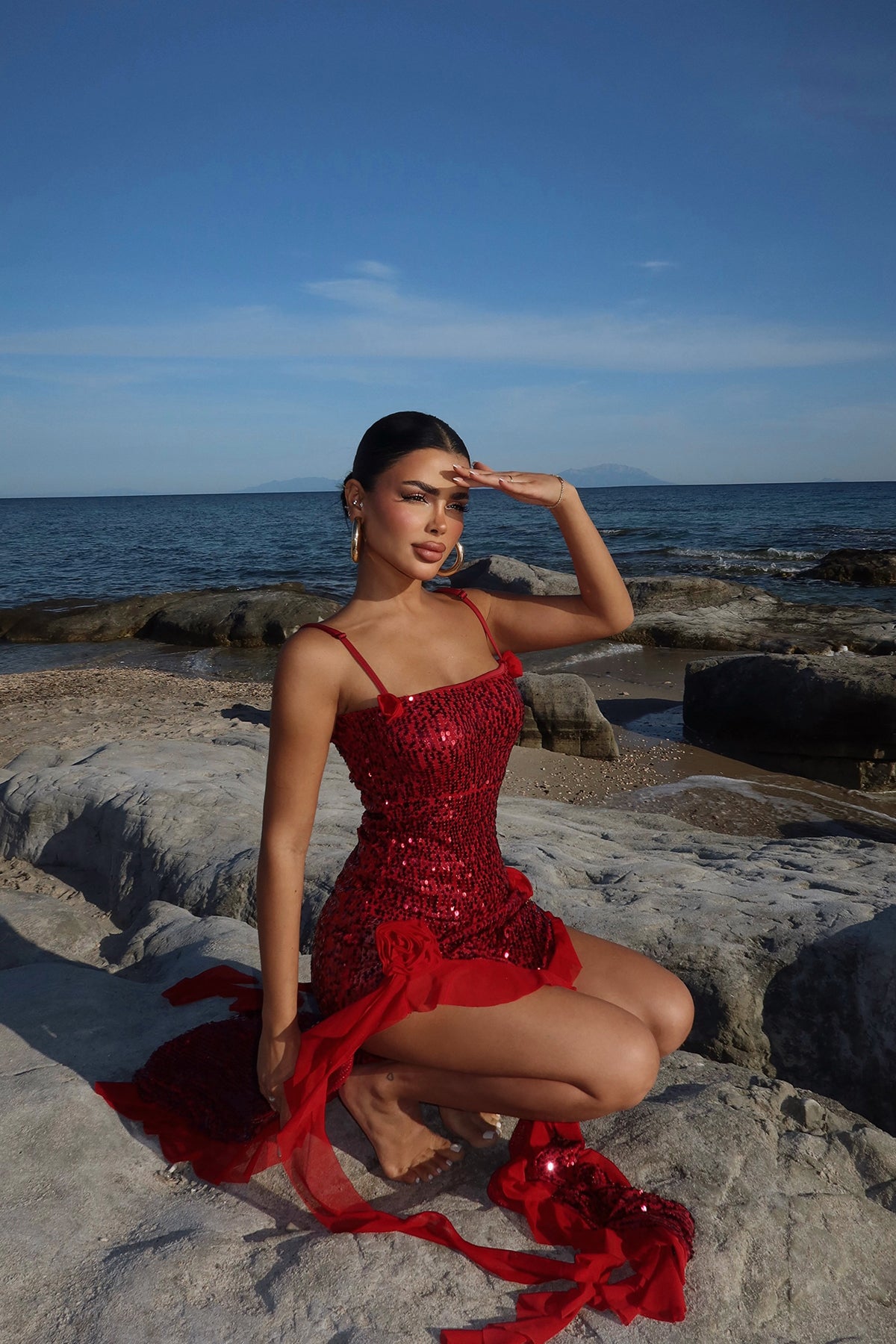 Kırmızı Paxton Payetli Uzun Yırtmaçlı Elbise ATE-2612