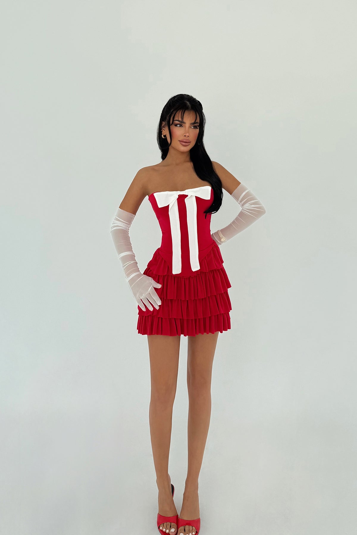 Kırmızı Ramblas Eldiven Detaylı Mini Fırfır Elbise ATE-2772