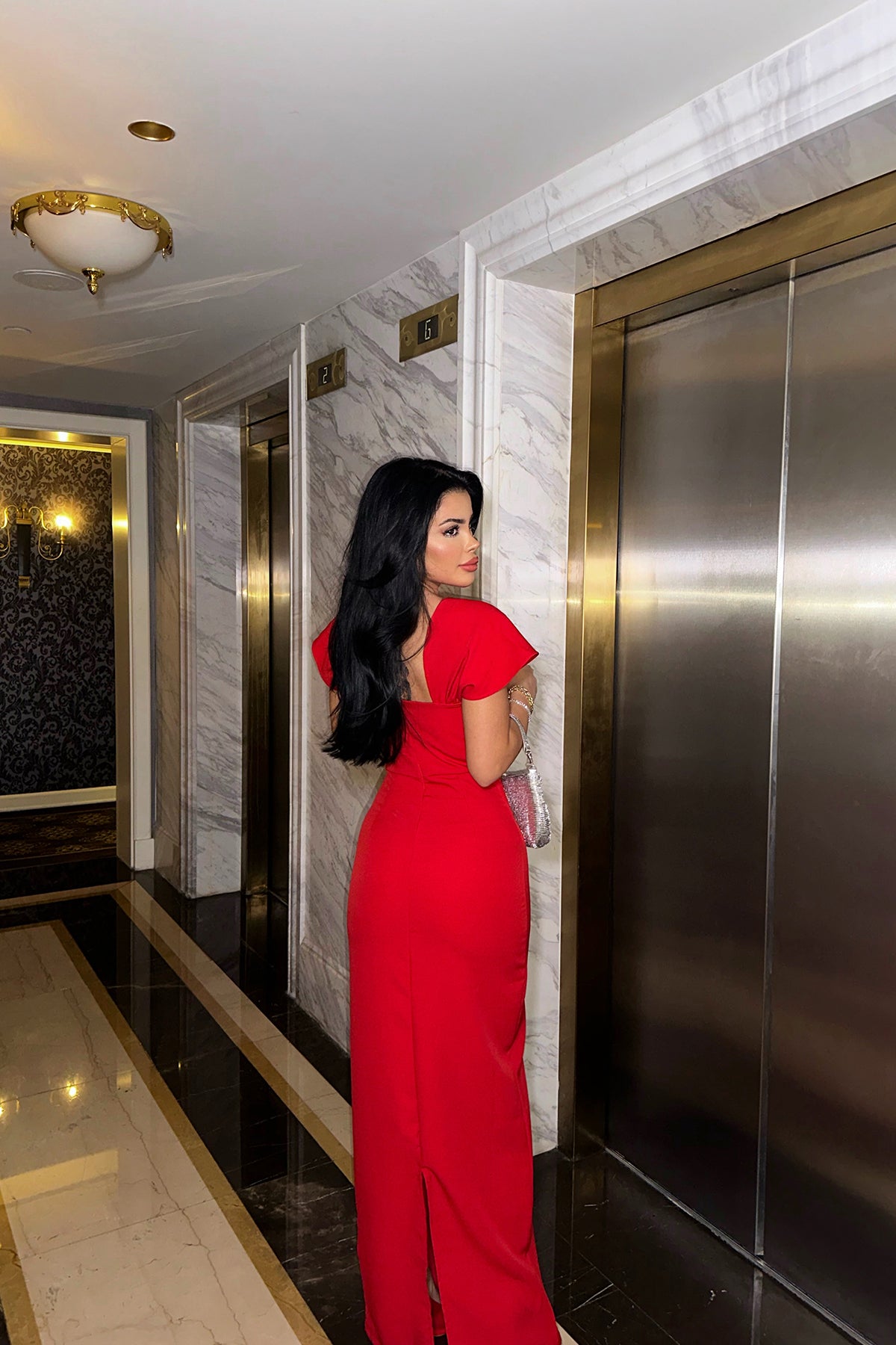 Kırmızı Taş Detay Uzun Elbise ATE-0841