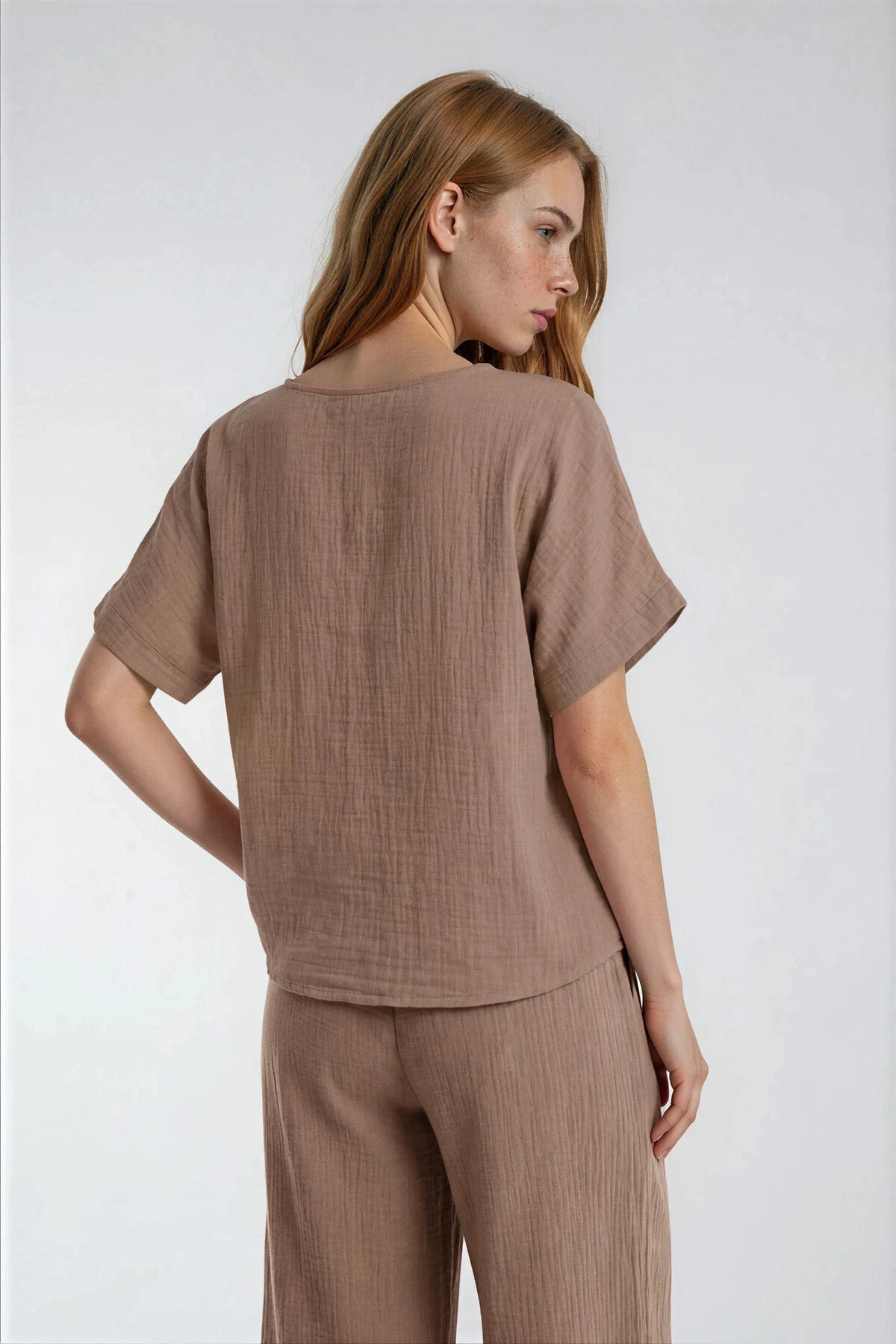 Kısa Kol Oversize Keten Bluz