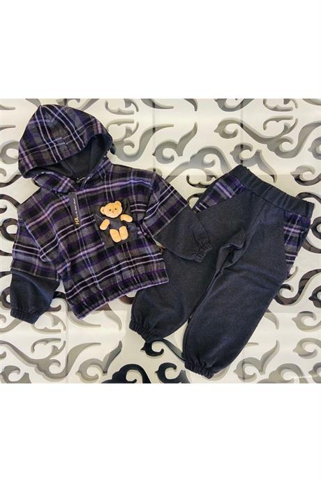 Kız Çocuk Ayıcık Detaylı Ekoseli Sweatshırt Ikili Takım GRİ 10 Yaş