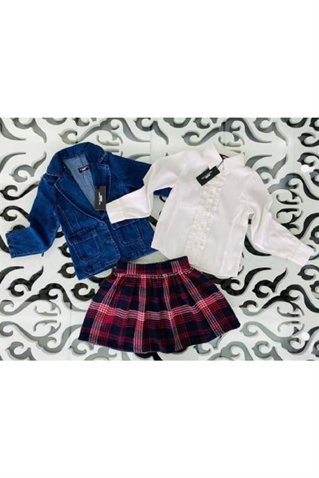 Kız Çocuk Blazer Kot Ceket Beyaz Gömlek Ekoseli Etek 3lü Takım mavi 8 Yaş