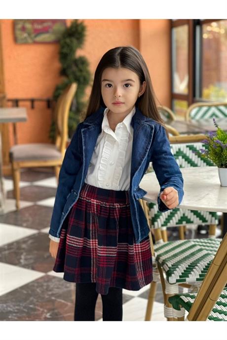 Kız Çocuk Blazer Kot Ceket Beyaz Gömlek Ekoseli Etek 3lü Takım mavi 4 Yaş