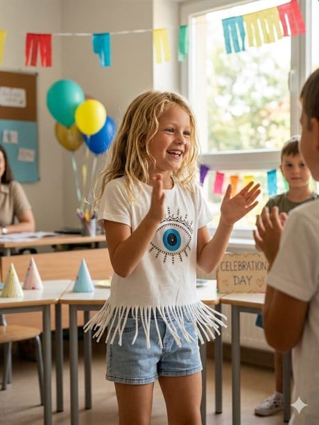 Kız Çocuk Bohem Tarz Göz Baskılı Saçak Deteylı Tişört Ve Kot Şort 2`li Takım