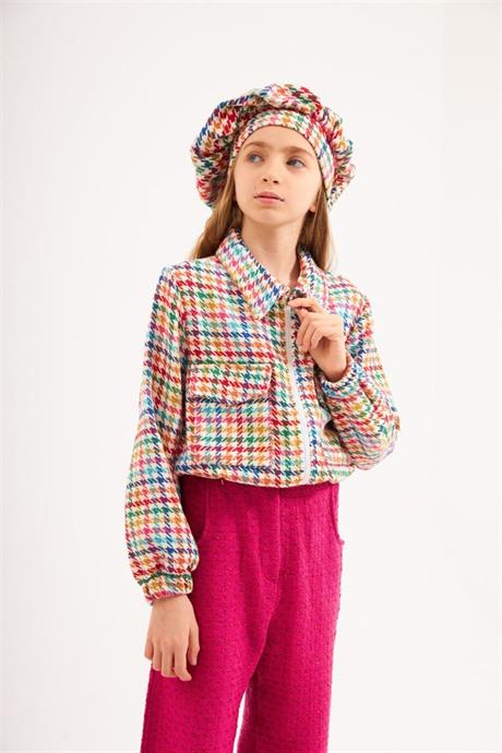 Kız Çocuk Chanel Kumaş Crop Ceket Geniş Paça Pantolon Şapka 3'lü Takım Pembe 6 Yaş