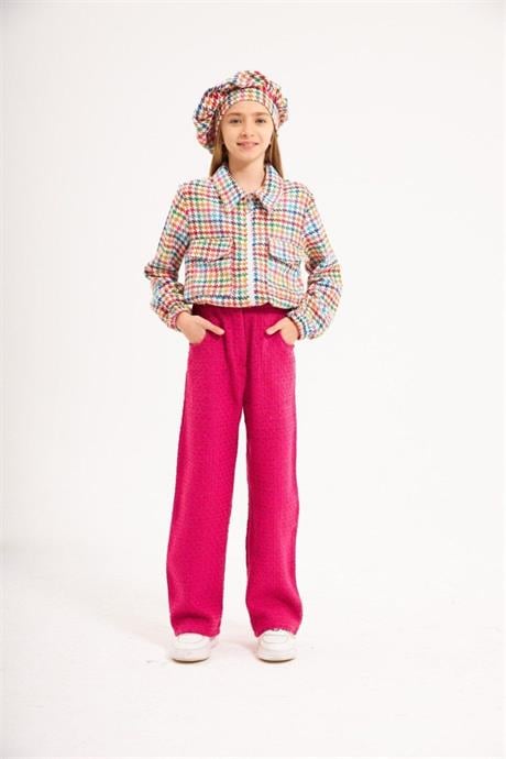 Kız Çocuk Chanel Kumaş Crop Ceket Geniş Paça Pantolon Şapka 3'lü Takım Pembe 6 Yaş
