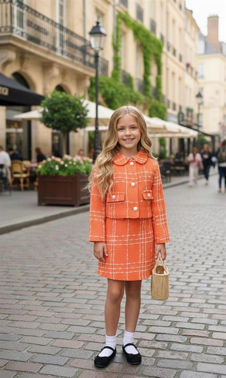 Kız Çocuk Gold Düğmeli Crop Ceket Süs Cep Detaylı Etek 2'li Takım Turuncu 12 Yaş