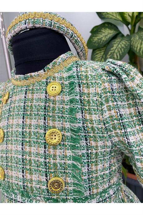 Kız Çocuk Chanel Kumaş Gold Düğmeli Etek Içi Astarlı Tütülü Elbise Çanta Saç Tacı 3'lü Takım Yeşil 6 Yaş