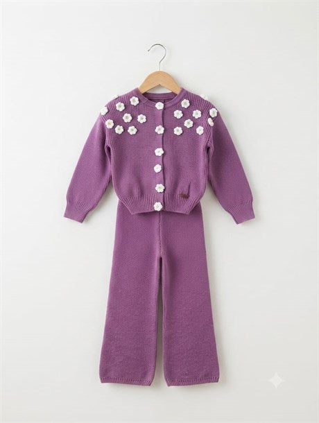 Kız Çocuk Çıtçıtlı Papatya İşlemeli Triko Hırka Renkli Triko Pantolon Saç Tokası 2li Takım
