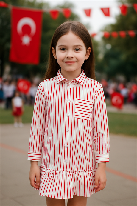 Kız Çocuk Çizgili Cepli Gömlek Elbise Kırmızı 10 Yaş