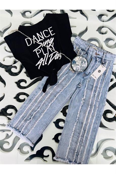 Kız Çocuk Dance Yazılı Bağlamalı Parçalı Mavi Kot Pantolon 2'li Takım
