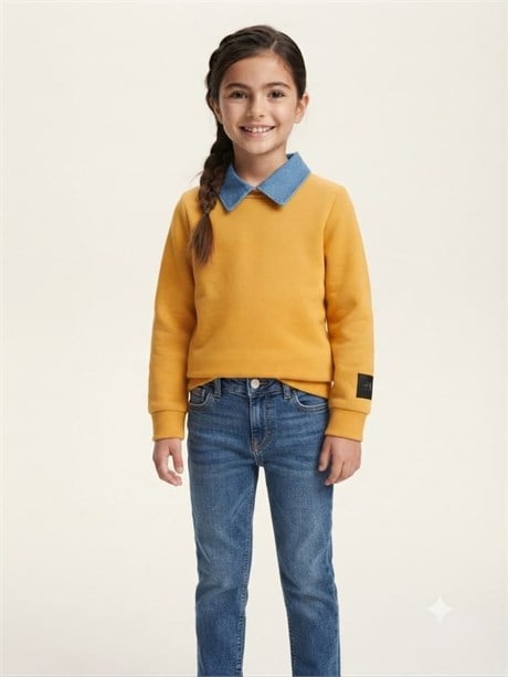 Kız Çocuk Denim Yaka Detaylı Sweatshirt