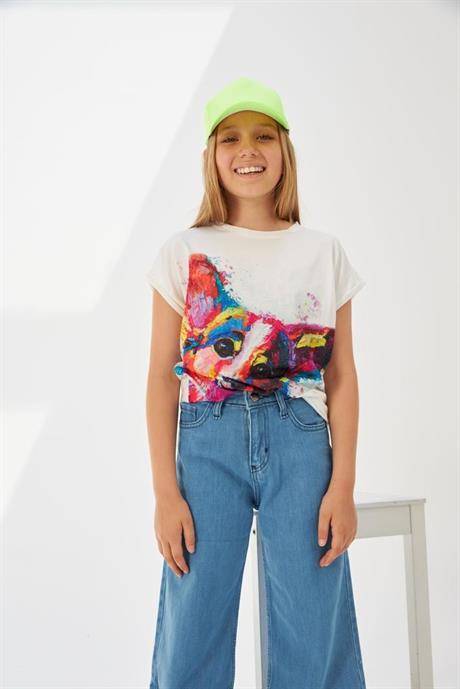 Kız Çocuk Desenli Oversize Tişört Geniş Paça Mavi Kot Pantolon 2'li Takım Beyaz 14 Yaş