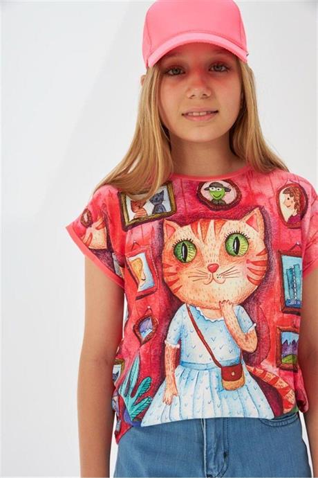 Kız Çocuk Desenli Oversize Tişört Geniş Paça Mavi Kot Pantolon 2'li Takım Pembe 14 Yaş