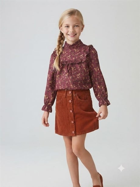 Girls’ Mock-Neck Floral-Print Blouse and Button-Front Velvet Skirt 2-Piece Set
