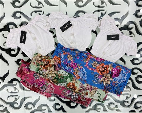 Kız Çocuk Düğmeli Detaylı Beyaz Bluz Çiçek Desenli Geniş Paça Pantolon 2'li Takım