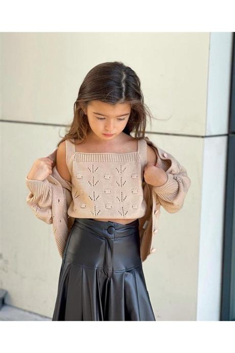 Kız Çocuk Düğmeli Hırka Triko Crop Deri Geniş Paça Pantolon 3'lü Takım Krem 12 Yaş