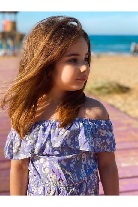 Kız Çocuk Düşük Omuz Çiçekli Büzgülü Elbise LİLA 12 Yaş
