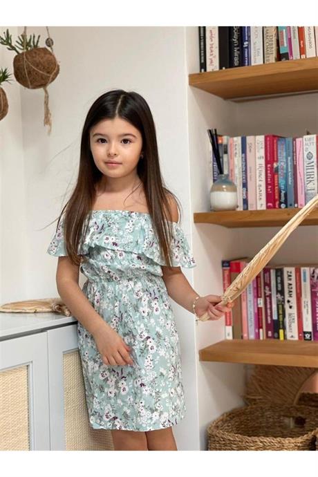 Kız Çocuk Düşük Omuz Çiçekli Büzgülü Elbise MİNT 8 Yaş