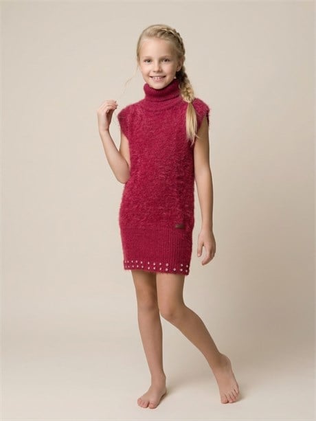 Kız Çocuk Etek Ucu Taş Detaylı Boğazlı Kolsuz Elvise