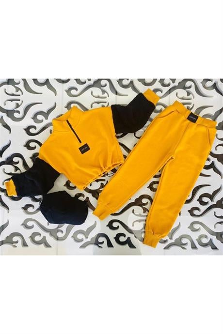 Kız Çocuk Fermuarlı Dik Yaka Sweatshirt Eşofman Takımı Sarı 12 Yaş