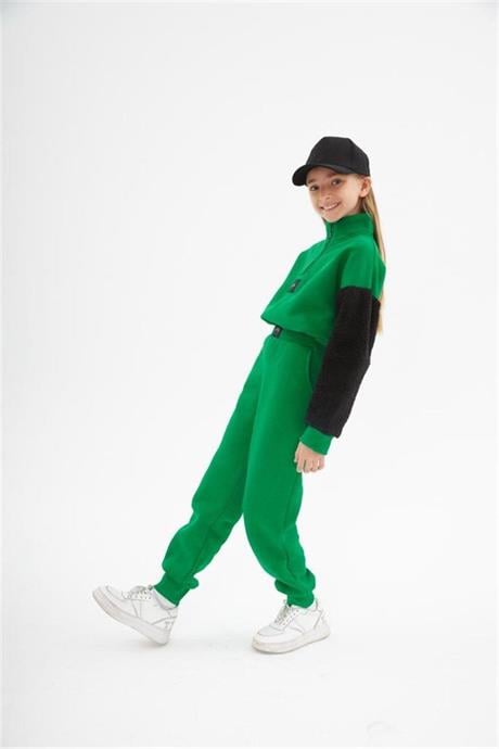 Kız Çocuk Fermuarlı Dik Yaka Sweatshirt Eşofman Takımı Yeşil 10 Yaş