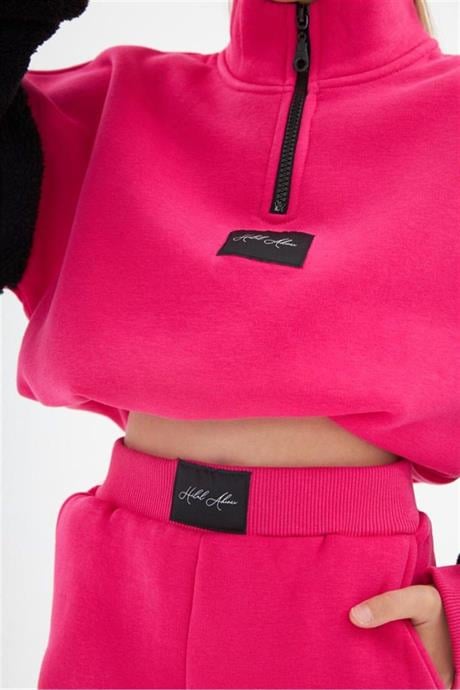 Kız Çocuk Fermuarlı Dik Yaka Sweatshirt Eşofman Takımı Fuşya 12 Yaş