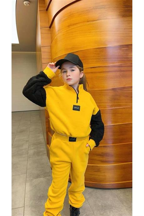 Kız Çocuk Fermuarlı Dik Yaka Sweatshirt Eşofman Takımı Sarı 12 Yaş