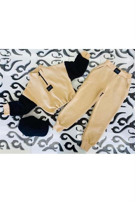 Kız Çocuk Fermuarlı Dik Yaka Sweatshirt Eşofman Takımı Krem 4 Yaş
