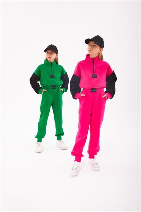 Kız Çocuk Fermuarlı Dik Yaka Sweatshirt Eşofman Takımı Yeşil 12 Yaş