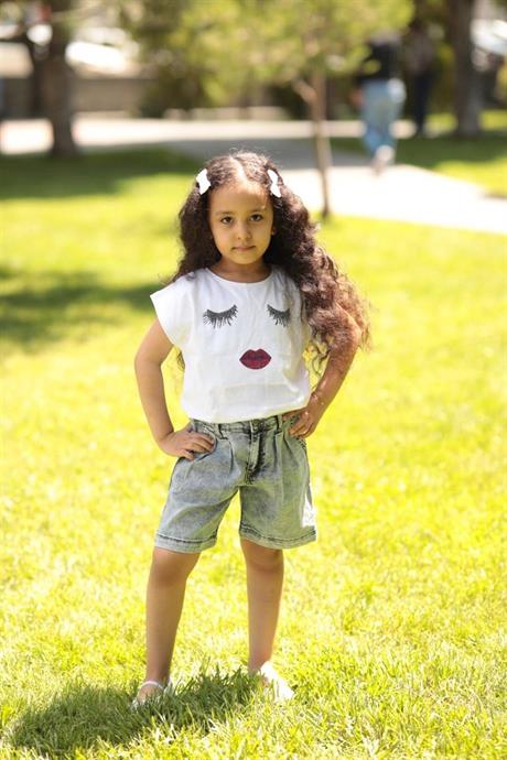 Kız Çocuk File Cep Detaylı Bluz Mom Kot Şort Ikili Takım BEYAZ 6 Yaş