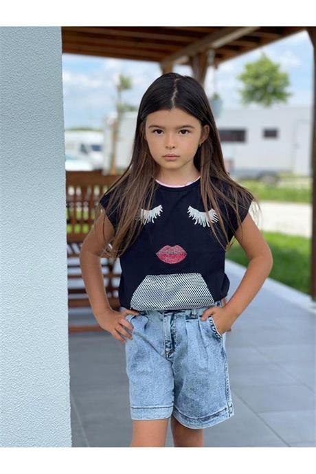 Kız Çocuk File Cep Detaylı Bluz Mom Kot Şort Ikili Takım